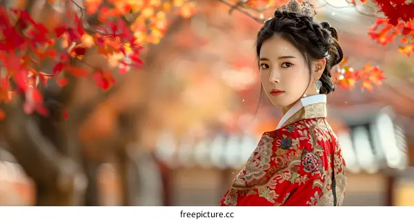 Portrait of a young Korean woman in traditional Korean dress, or Hanbok, with red and gold floral embroidery and a red background.