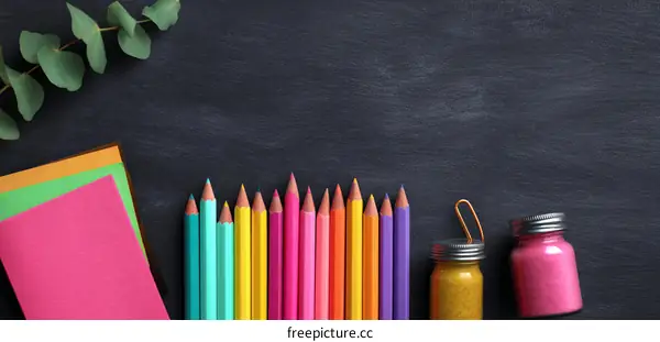 Colorful Pencils and School Supplies on Dark Background