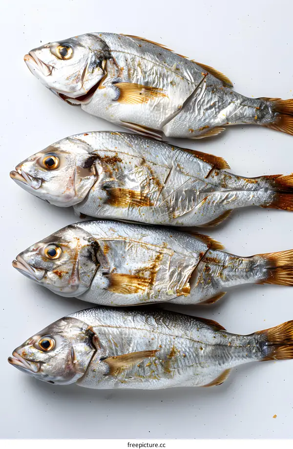 Four raw fish on white background