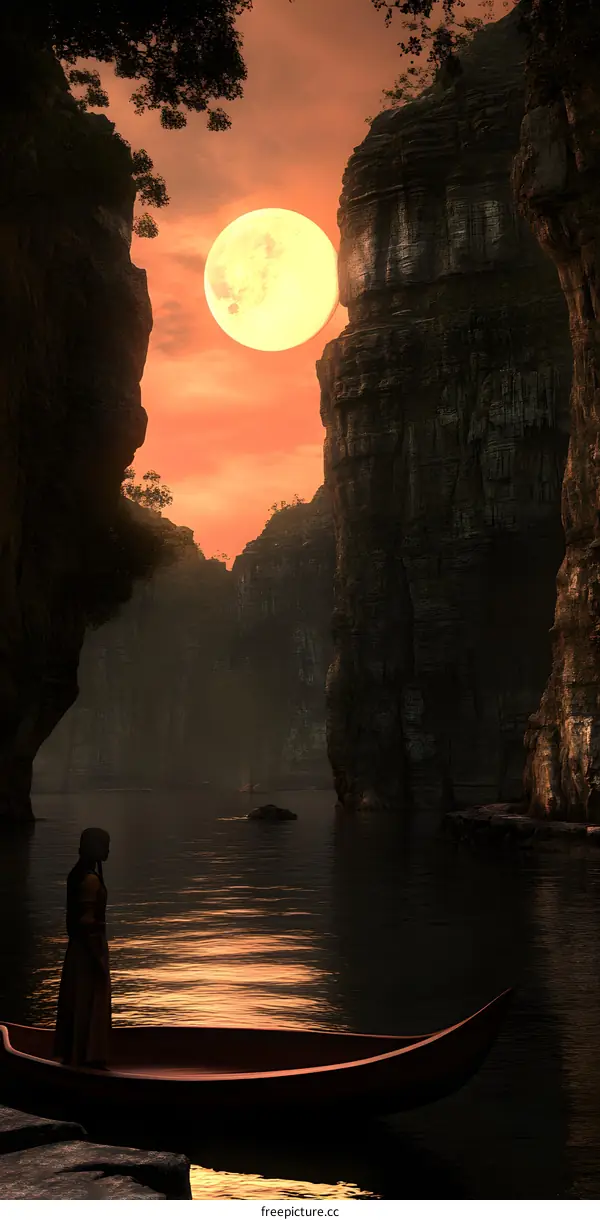 Silhouette of a Woman in a Boat at Sunset With a Full Moon in the Sky