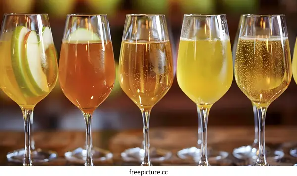Five Glasses of Sparkling Cider with Apple Slices