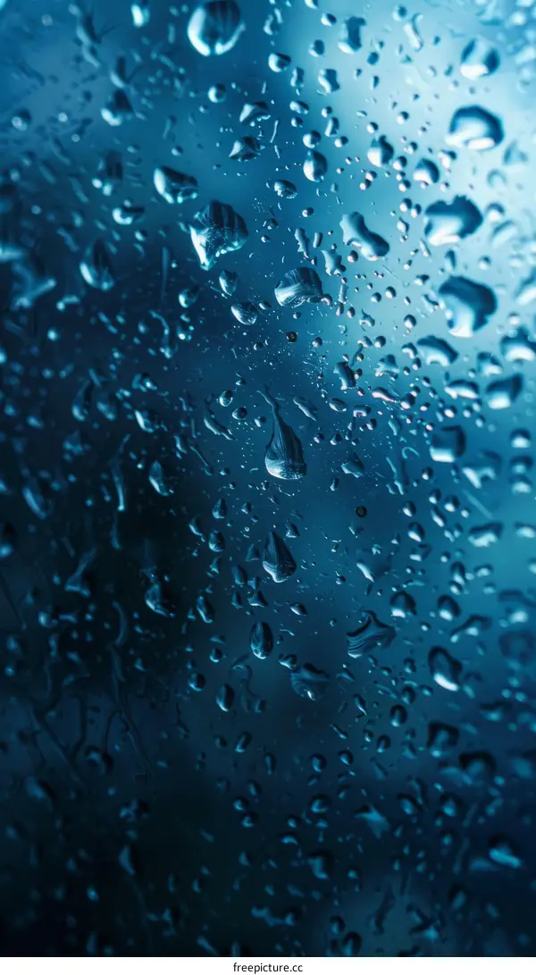 Raindrops on a Window Pane with a Dark Blue Background