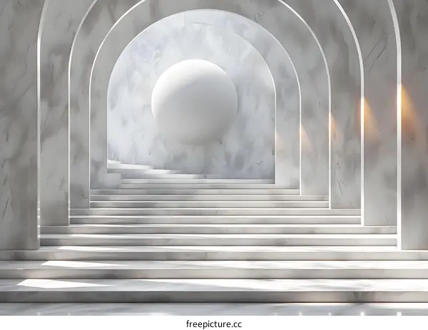 3d rendering of a staircase with a sphere in the background