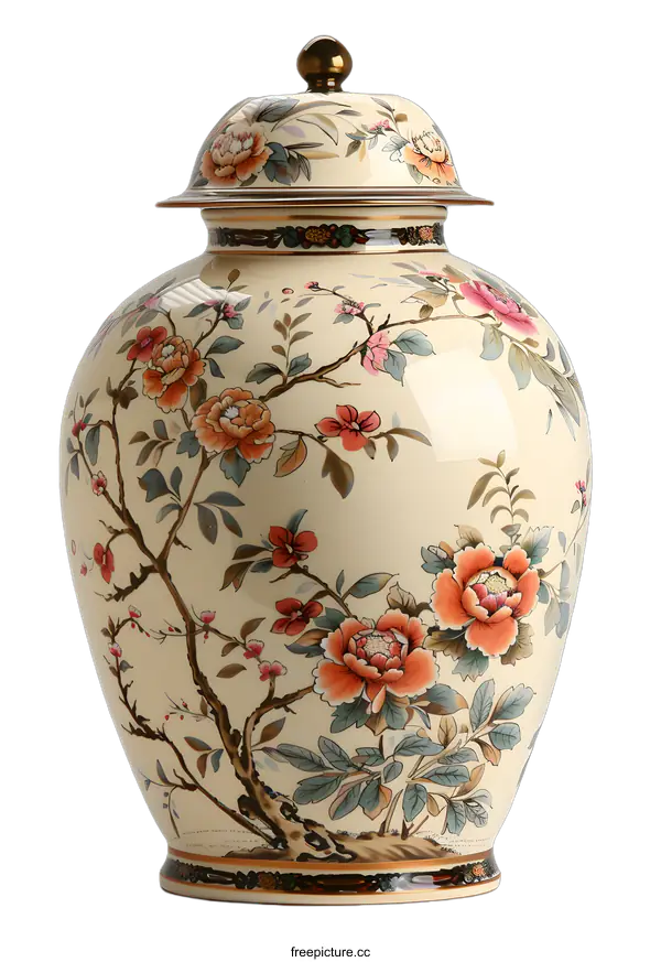 [Transparent Background PNG]A ceramic vase with a lid and floral design.