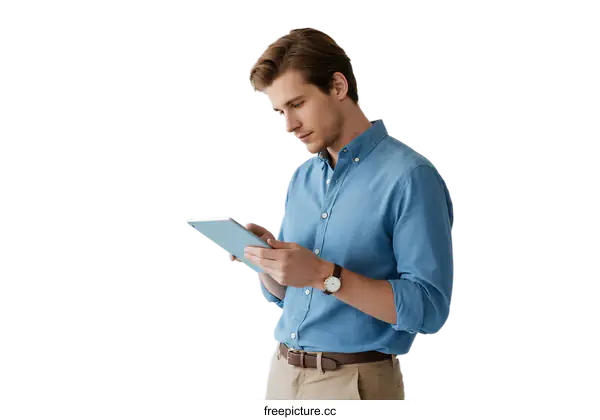 [Transparent Background PNG]Young man in blue shirt using a tablet device