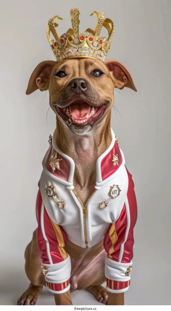 A smiling dog wearing a golden crown and a red and white jacket
