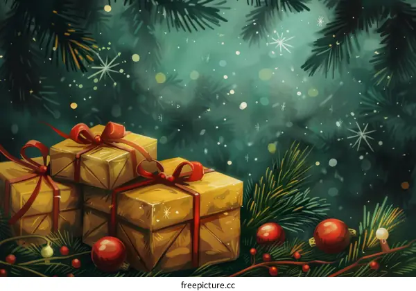 Snowy Pine Tree with Wrapped Christmas Presents