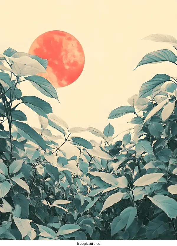 Red Moon And Green Leaves Minimalist Background