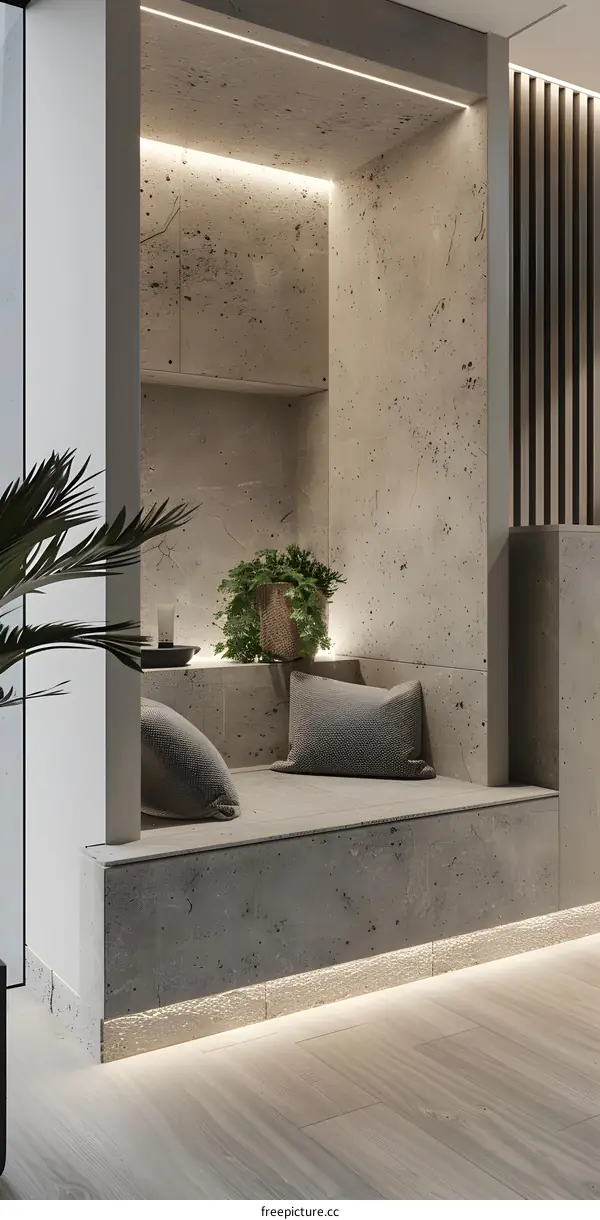 Modern Minimalist Concrete Wall Design with Built In Seating and Natural Light
