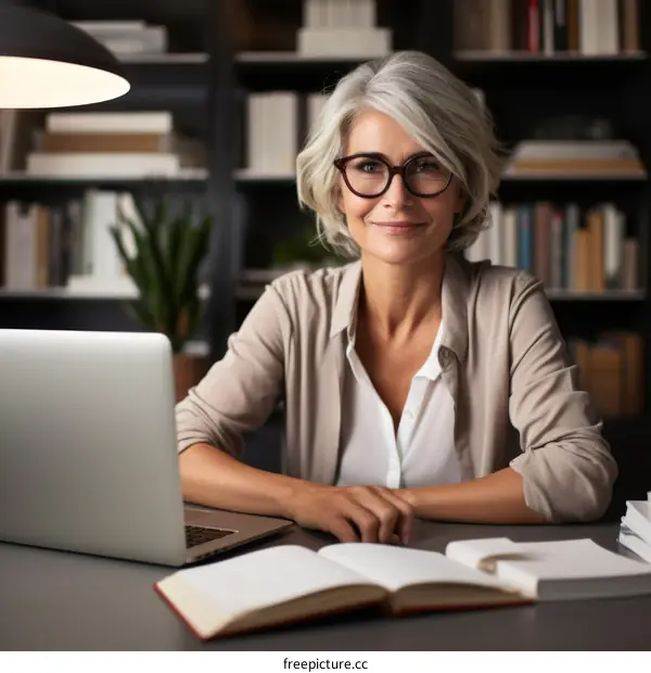 Portrait of a smiling mature woman sitting at her desk in a home office.