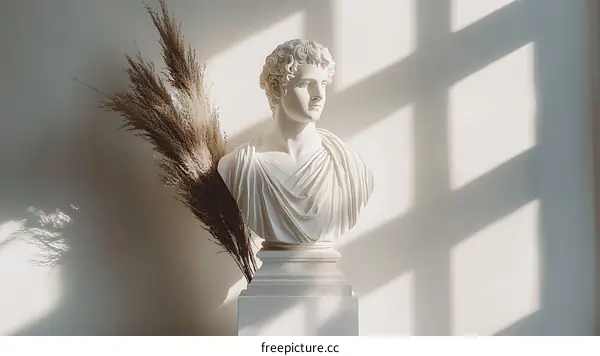 White Marble Bust Sculpture With Pampas Grass