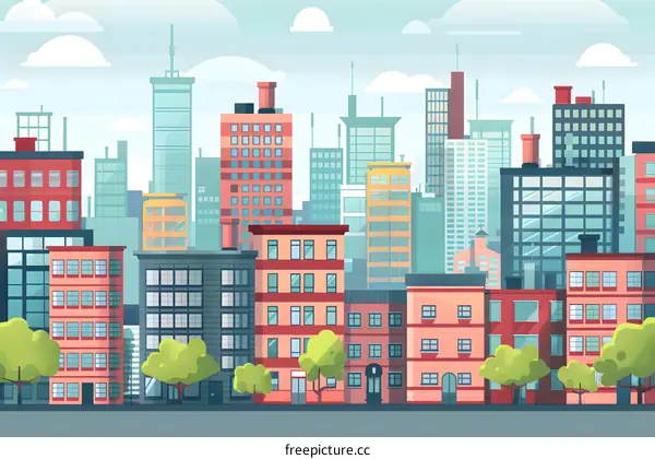 Cityscape Illustration with Buildings and Trees