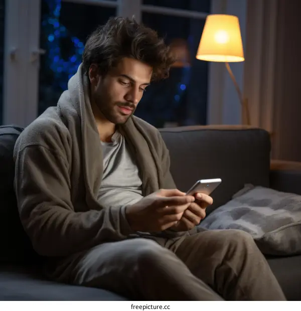 Man in bathrobe using smartphone on sofa at night