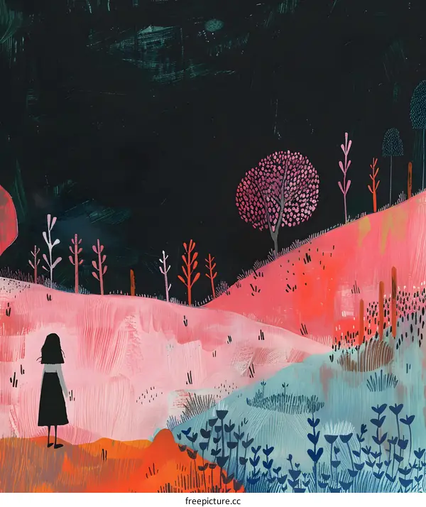Lonely Girl Standing in Front of a Pink Landscape