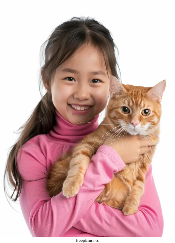 Little Asian girl holding an orange cat