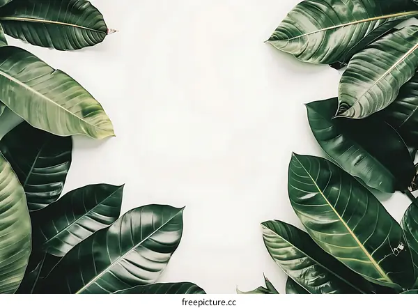 Green Tropical Leaves Frame On White Background