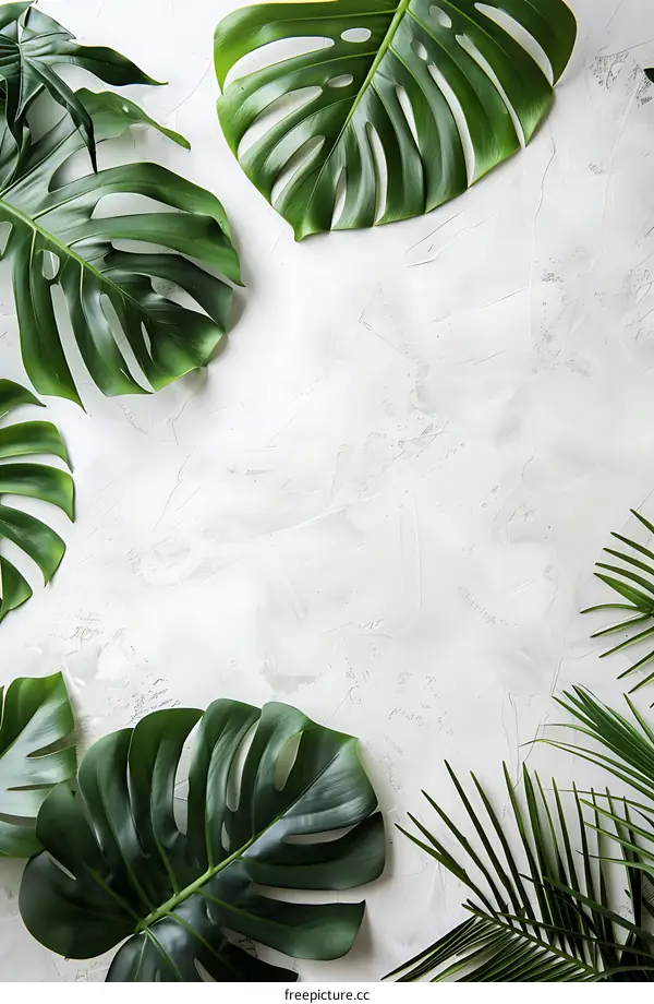Tropical Leaves on White Concrete Background