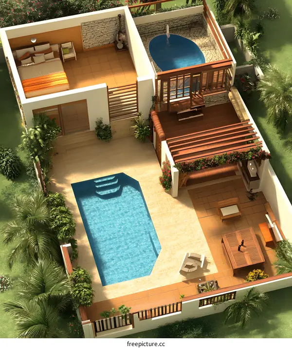 Top View of a Modern Home with a Pool and Patio