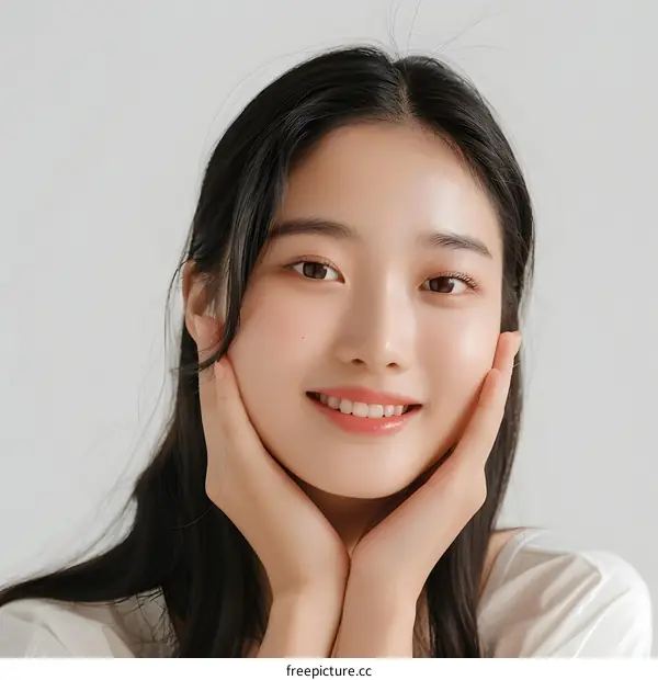 Portrait of a Smiling Asian Woman with Long Black Hair