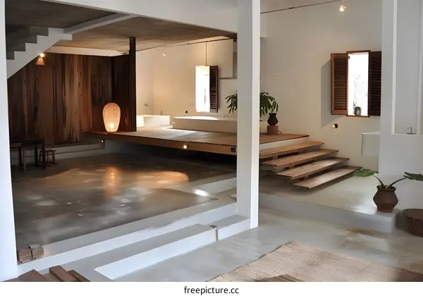 Modern Minimalist Interior Design with Wooden Stairs and Flooring