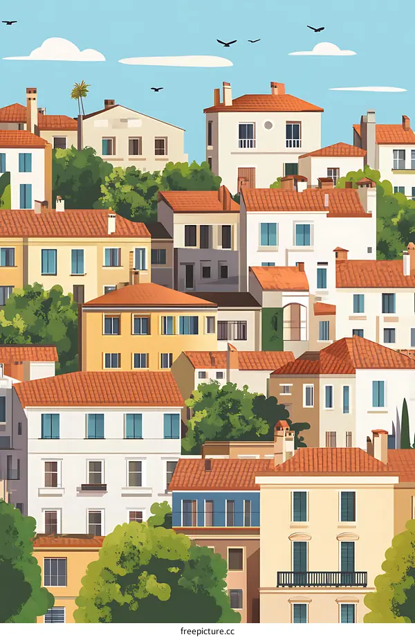 European Cityscape with Red Tile Roofs and Lush Green Trees