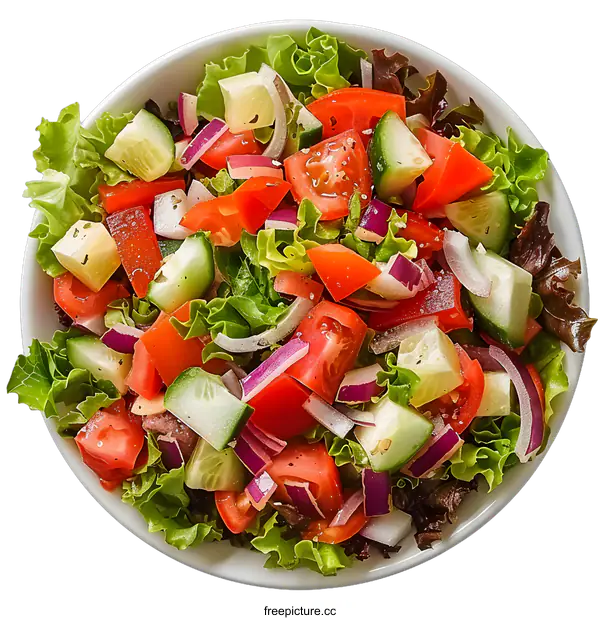 [Transparent Background PNG]Fresh Salad with Tomatoes Cucumbers Onions and Lettuce in a White Bowl