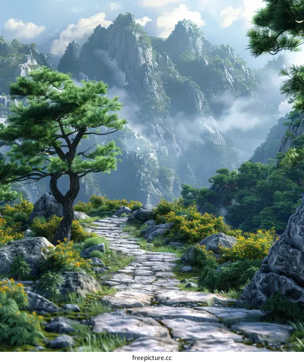 Stone Path Through Misty Mountains