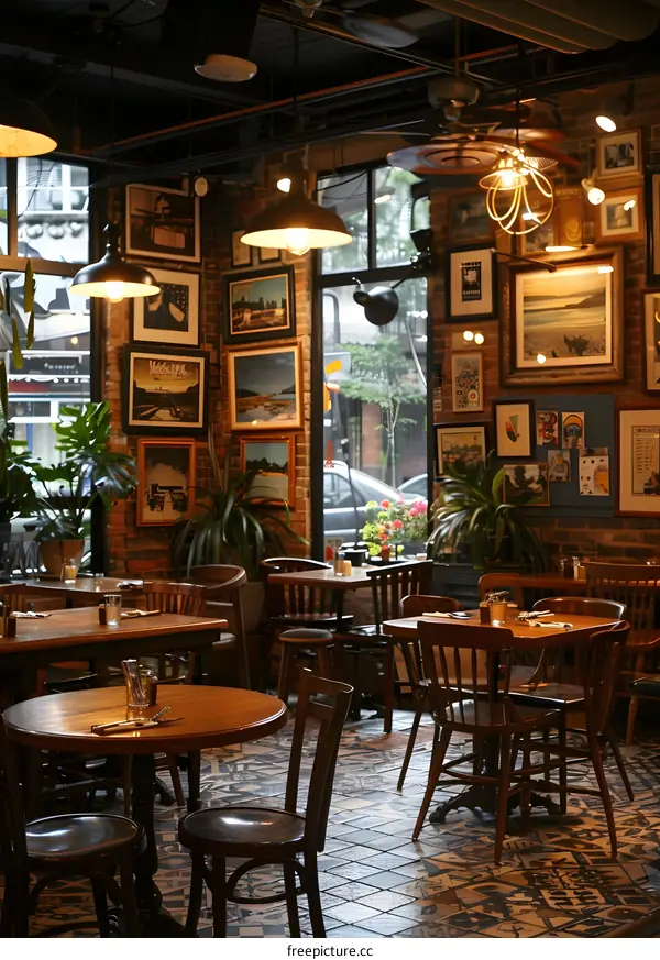 An interior shot of an empty restaurant with brick walls and wooden tables and chairs