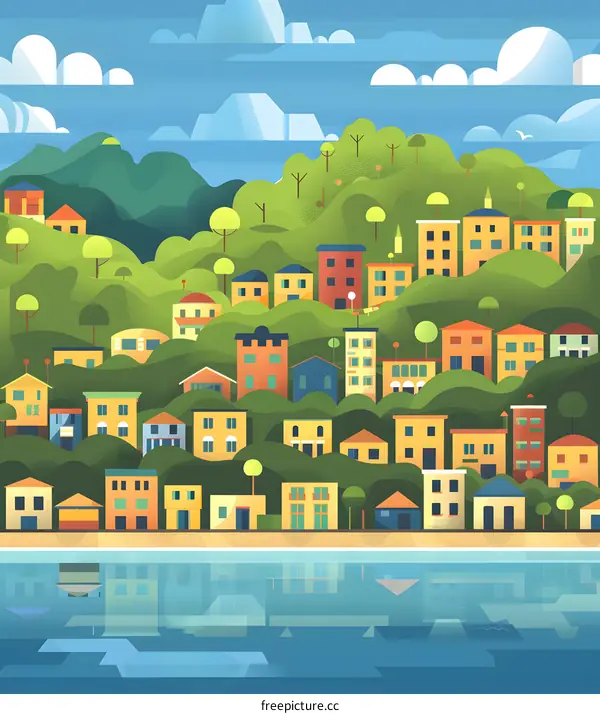 Summer Coastal Town Illustration with Colorful Houses and Lush Green Hills
