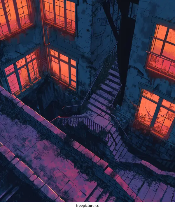 Illustration of a building with stairs and windows