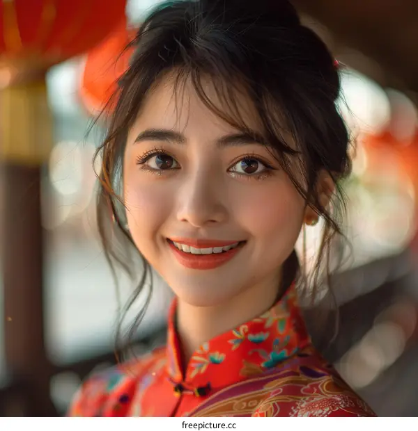 Smiling Young Chinese Woman in Traditional Red Dress