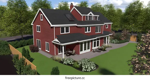 Red Brick Two Story House with Backyard Patio and Lawn