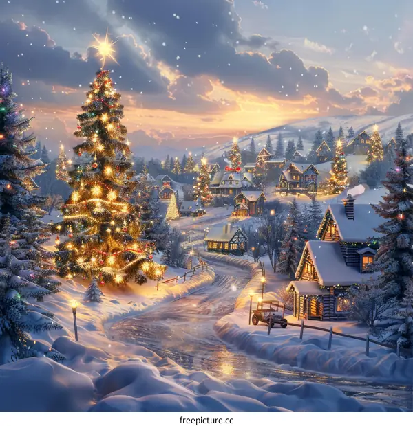 Christmas Snowy Village Scene Illustration
