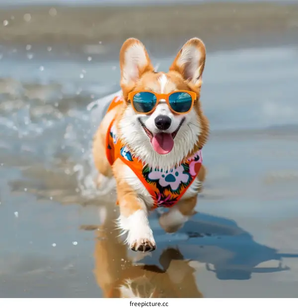 A happy corgi dog wearing sunglasses runs along the beach