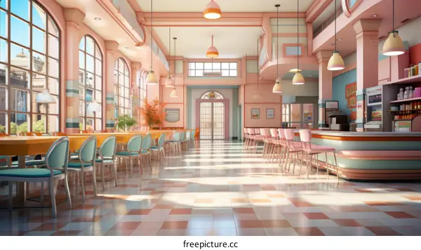 Retro pink diner interior with empty tables and chairs