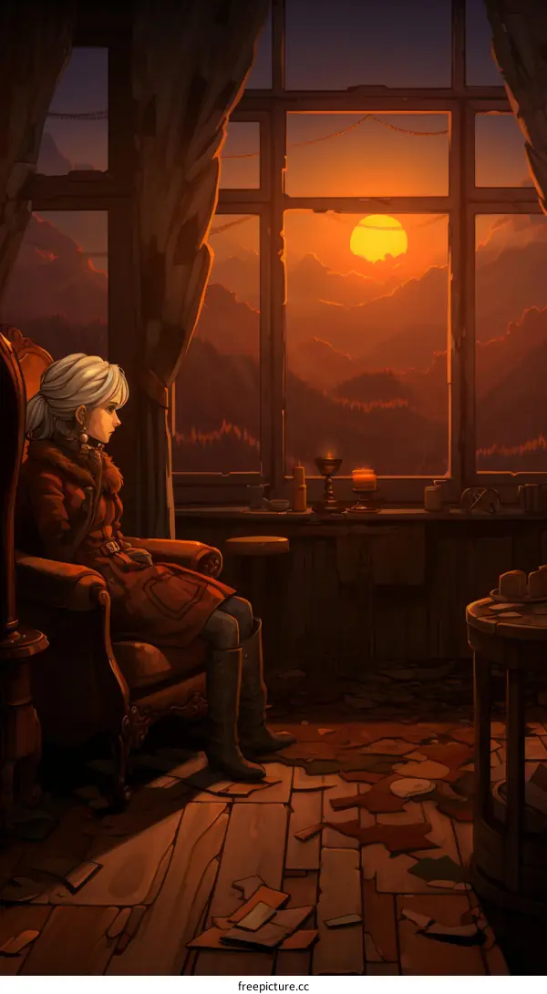 Girl in red cloak sitting on chair in front of sunset