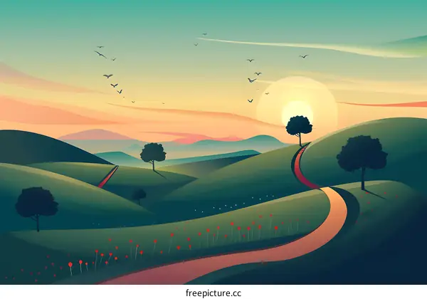Beautiful Sunset Landscape Illustration With Winding Road