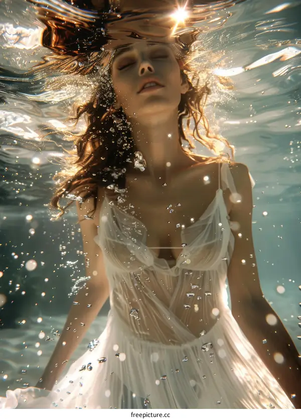 An underwater photo of a woman in a white dress