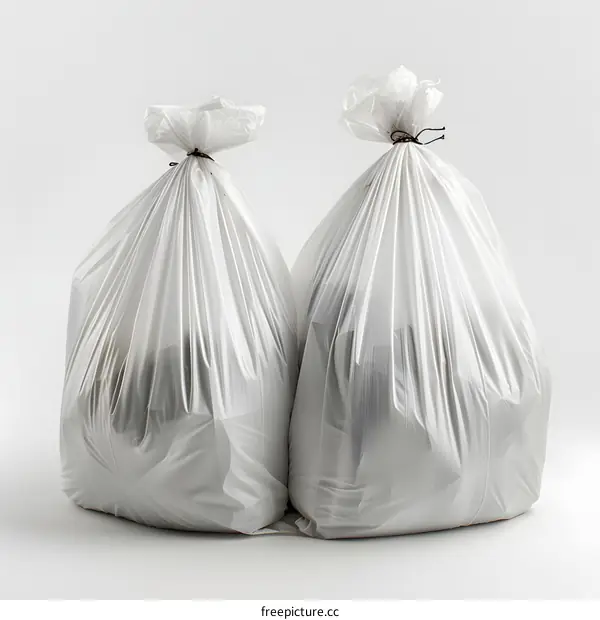 Two White Plastic Trash Bags on a White Background