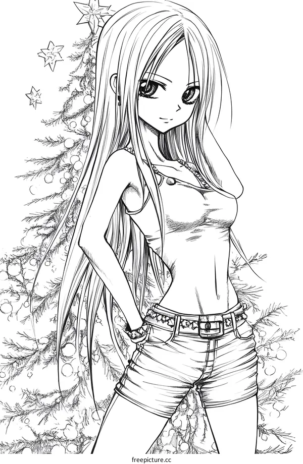 Anime Girl with Long Hair and Christmas Tree Background
