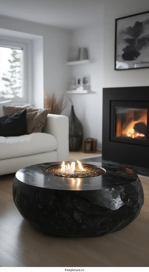 Modern Black Stone Coffee Table with Fire Pit