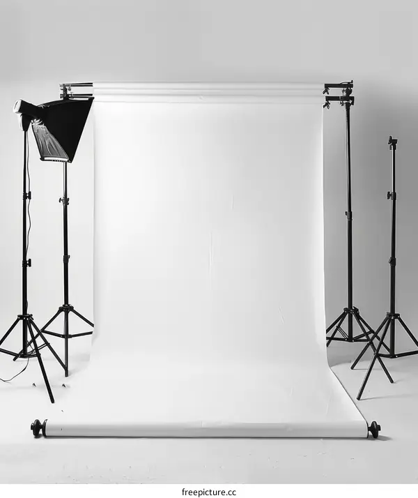 Black and white photo studio background with lighting equipment