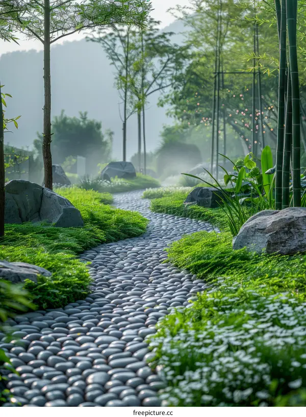Pebble path in a lush green garden with large rocks and bamboo plants