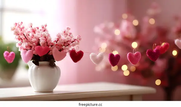 Pink Heart Garland and Flowers in Vase