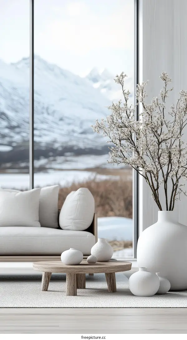 Modern Minimalist Living Room with Snowy Mountain View