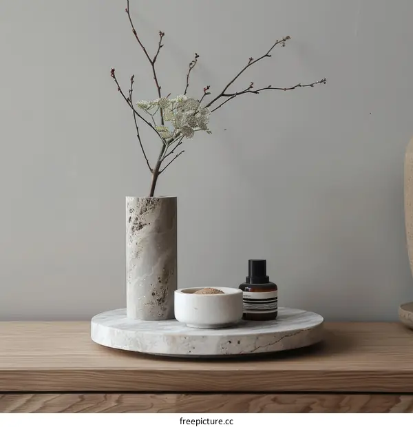 A beautiful still life image of a vase of flowers on a marble table.