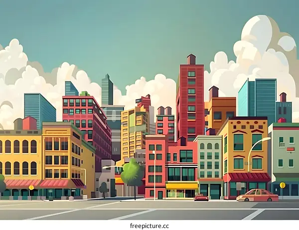 Colorful Cityscape Illustration with Buildings and Clouds
