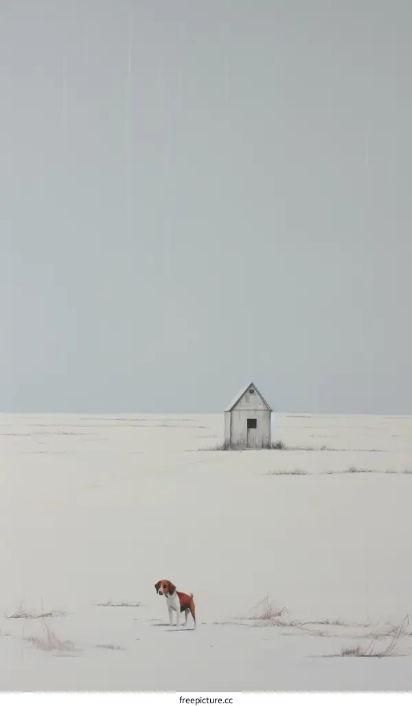 Beagle Looking at Abandoned House in Winter Field