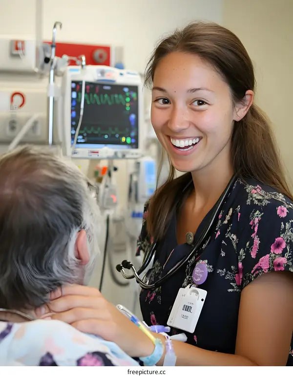 Smiling Nurse with Patient in Hospital Room