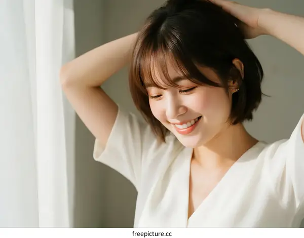 A Young Woman with Short Hair Smiling Near Window